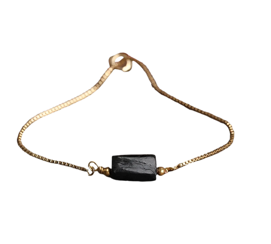 Nugget Natural Black Tourmaline Stone Gold Drawstring bracelet